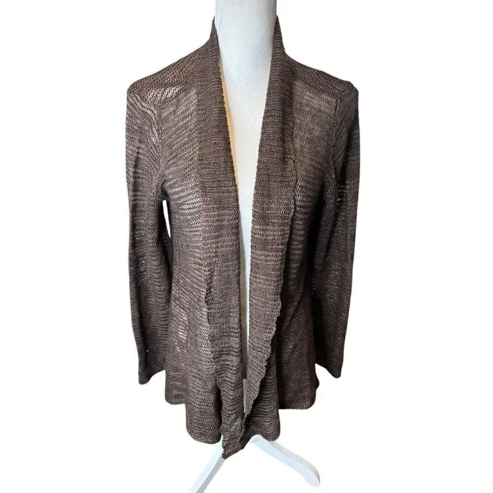 Eileen Fisher Brown Linen Silk Open Knit Cardigan Sweater Womens Sz L Beachy